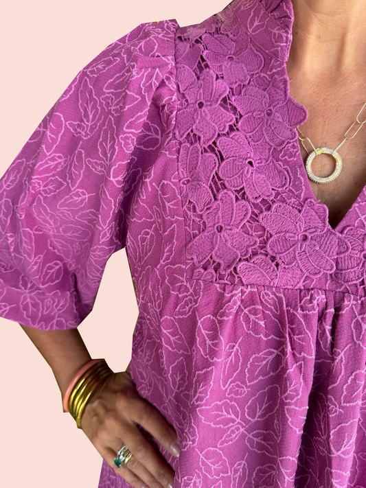 Damen Mini-Kleid mit Puffärmeln und Blatt-Jacquard (2 kaufen, kostenloser Versand)