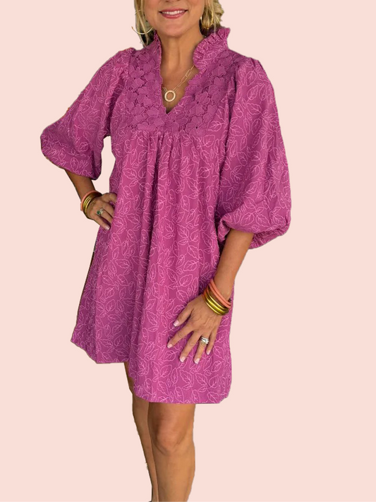 Damen Mini-Kleid mit Puffärmeln und Blatt-Jacquard (2 kaufen, kostenloser Versand)