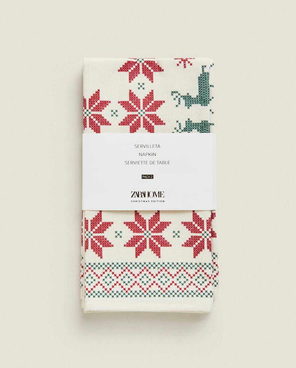 CHRISTMAS CROSS-STITCH COTTON NAPKINS (PACK OF 2)