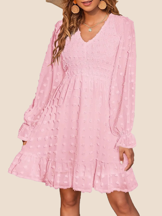 Damen V-Ausschnitt Chiffon Minikleid mit Schweizer Punkten für den Frühling (2 kaufen, kostenloser Versand)