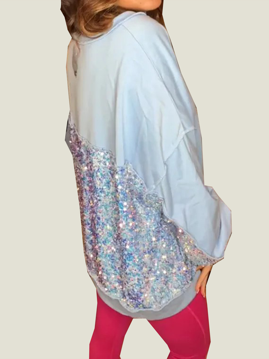 Damen Pailletten-Sweatshirt mit Farbblock und Henley-Ausschnitt (2 kaufen, kostenloser Versand)