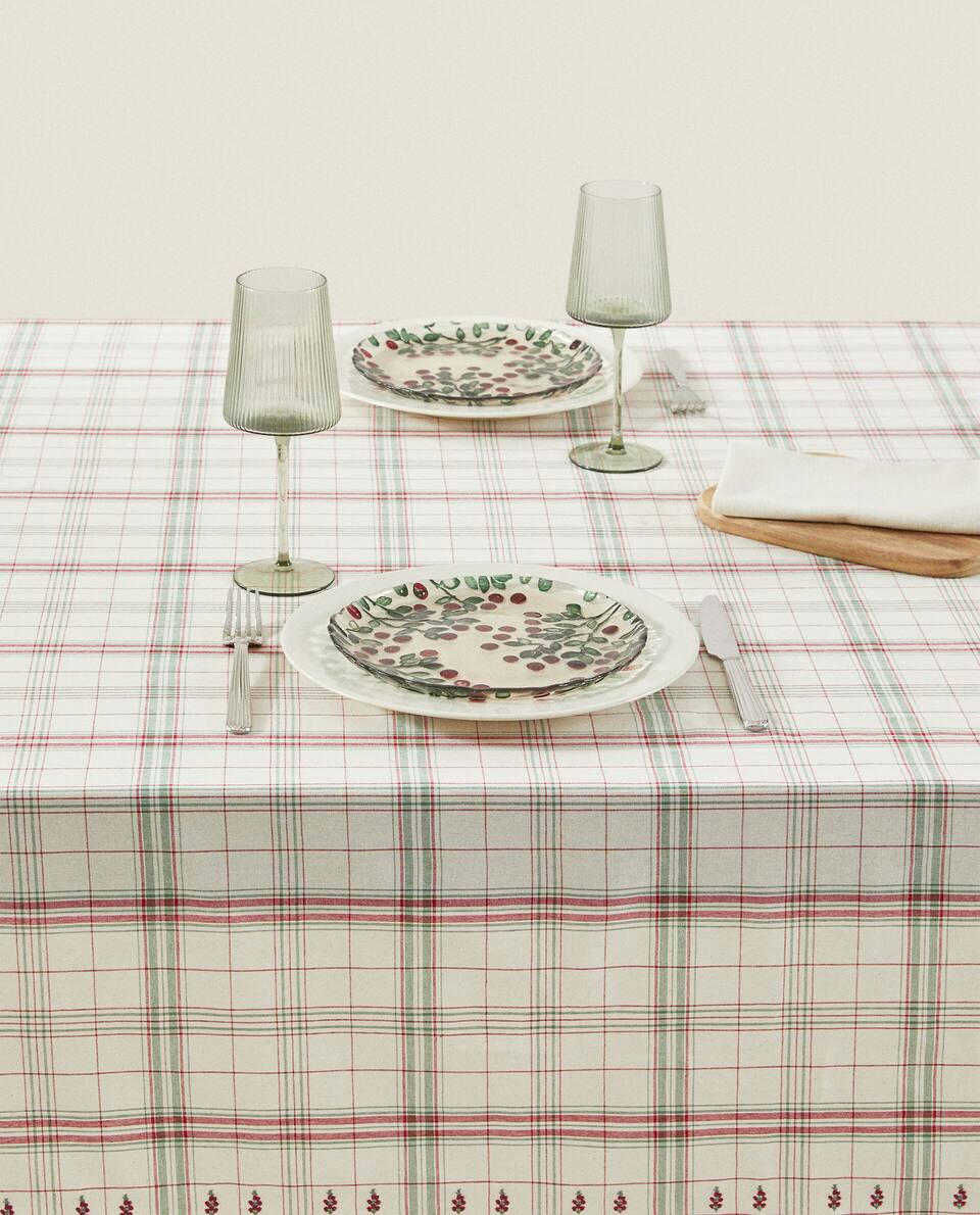 CHECKED COTTON TABLECLOTH WITH CHRISTMAS STRIPES
