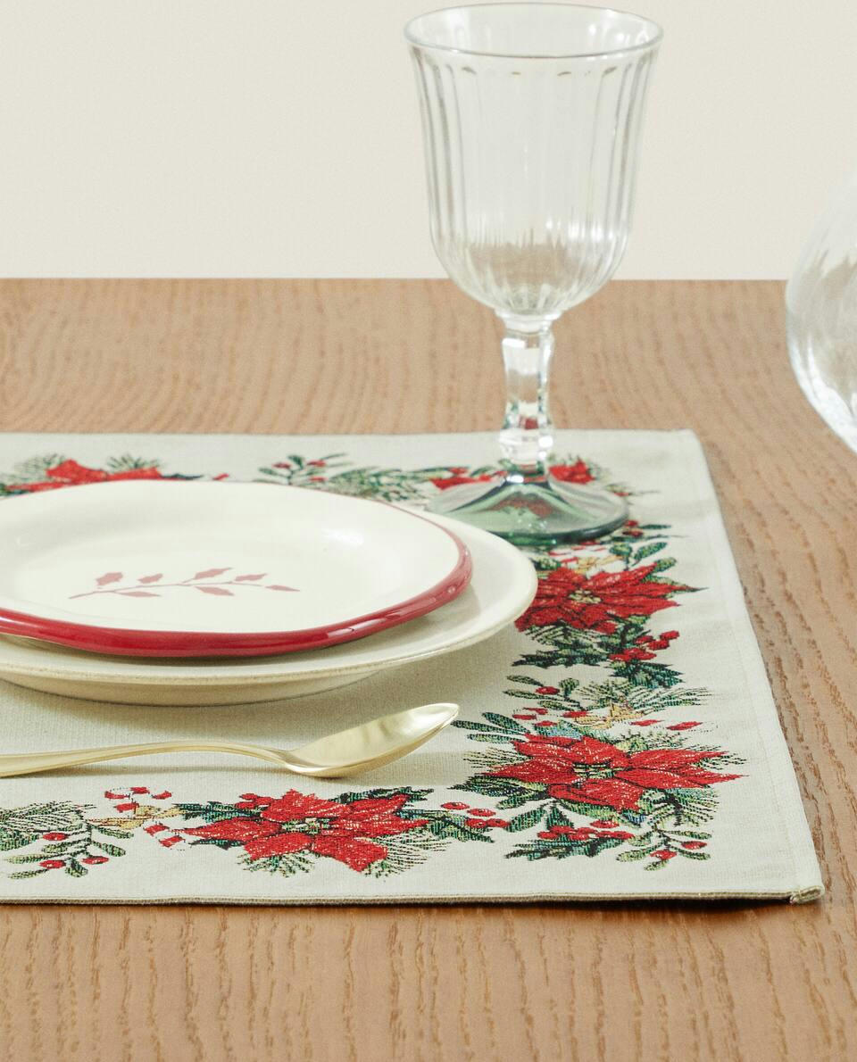 CHRISTMAS POINSETTIA JACQUARD COTTON PLACEMAT