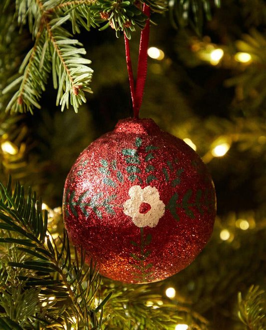 GLITTER FLORAL BALL CHRISTMAS DECORATION